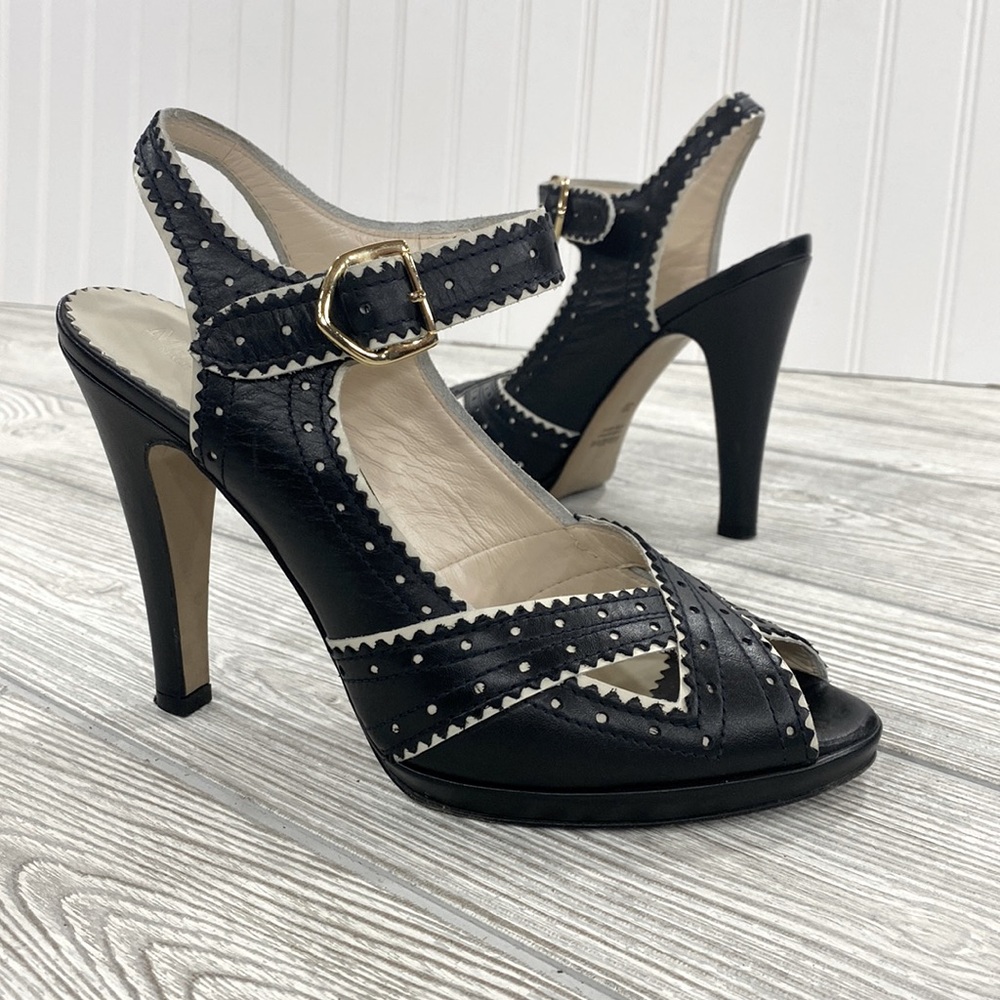 MaxMara Black and White Peep Toe Ankle Strap Heels - sz 39